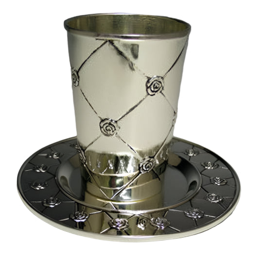 Silver Plated Kiddush Cup with Tray – Flower Design