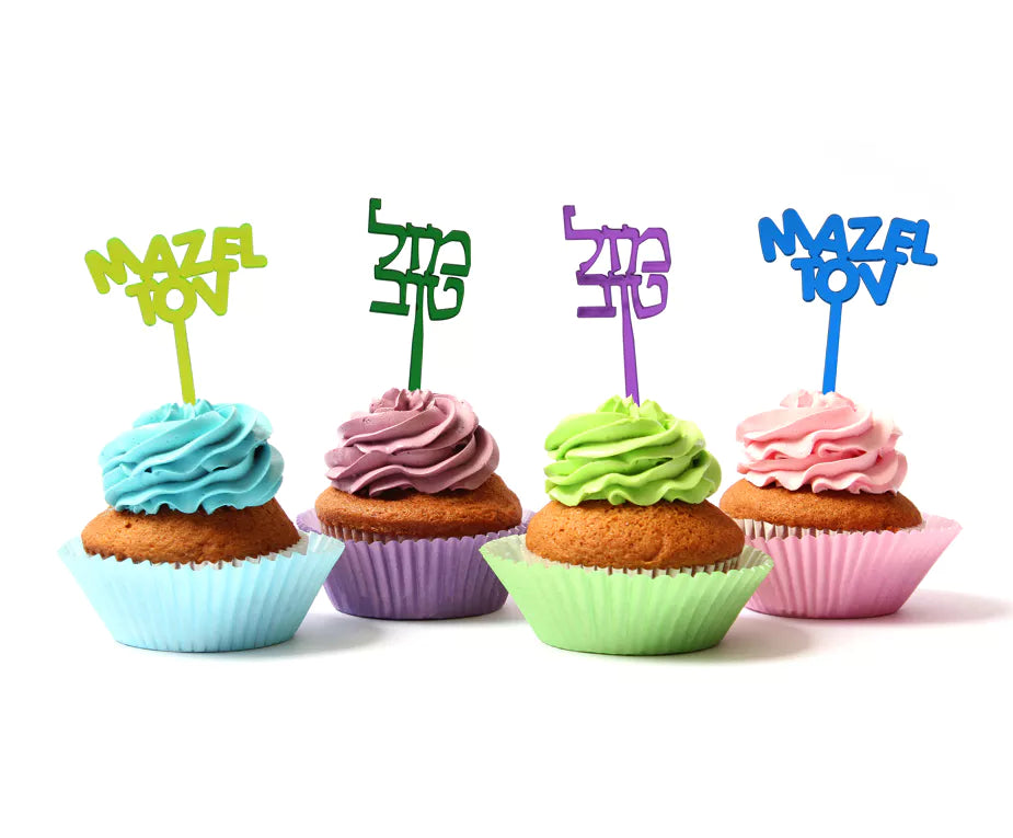 Mazel Tov Lucite Shaped Toppers – 6-Pack, English & Hebrew for Upshernish and More - Jewish Depot