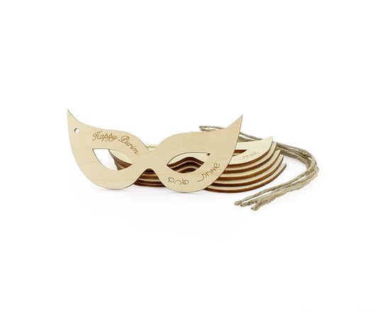 Purim Mask & Hamantaschen Shaped Wood Gift Tags, Pack of 6 – Perfect for Mishloach Monos - Jewish Depot