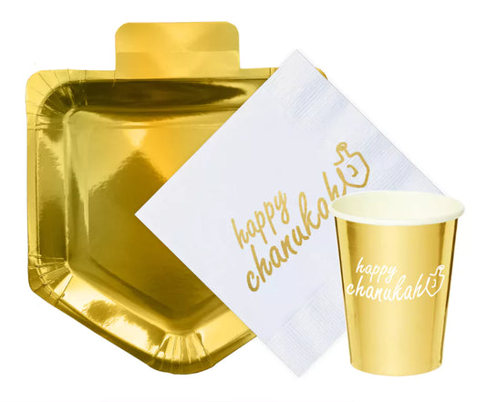 Happy Chanukah Gold Foil Partyware – Plates, Napkins & Cups | Elegant Disposable Tableware for the Festival of Lights