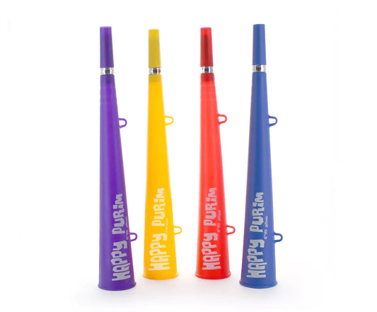 Purim Vuvuzela Horns – 12-Pack | 4 Bright Colors (Blue, Yellow, Purple, Red)