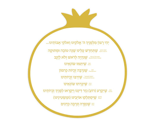 Pomegranate Shaped Rosh Hashanah Simanim Card - Gold/Silver & Wood Options