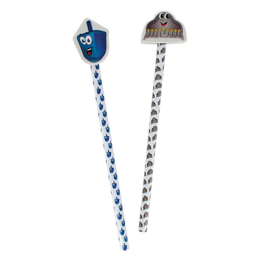 Chanukah Pencil & Eraser Set – 2 Festive Pencils with Matching Erasers | Holiday Gift for Kids