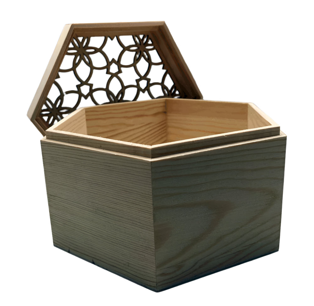 Hexagon-Shaped Wooden Box with Pattern Cover – Perfect for Mishloach Manos Packaging - Jewish Depot