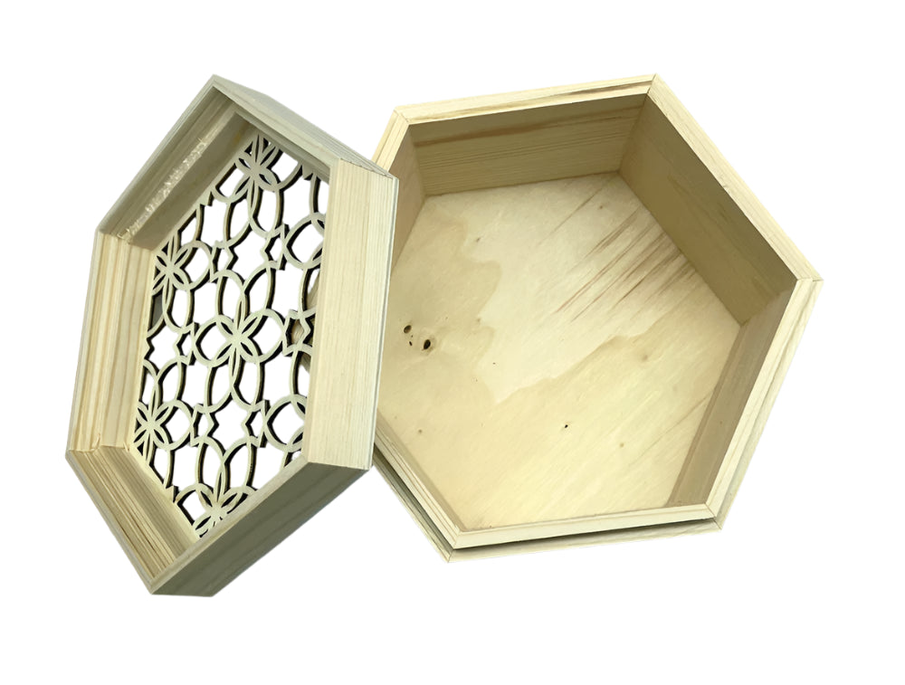 Hexagon-Shaped Wooden Box with Pattern Cover – Perfect for Mishloach Manos Packaging - Jewish Depot