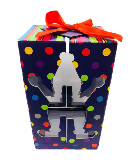 Colorful Purim Box with Clown Motif and Bow – Perfect for Mishloach Manos - Jewish Depot