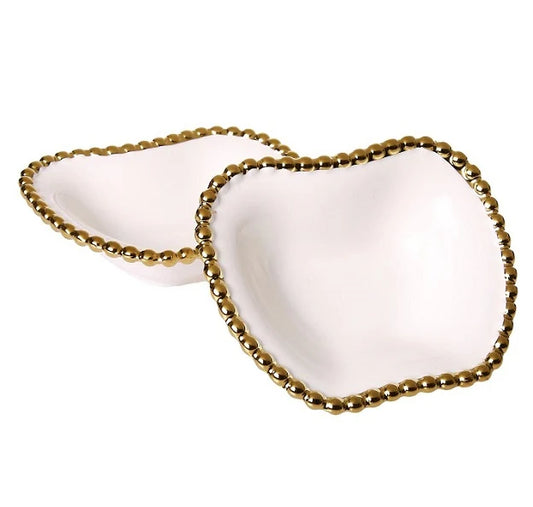 Apple Shaped Dish Set for Rosh Hashanah - Gold Beaded Edge, Fine White Porcelain (Set of 2)